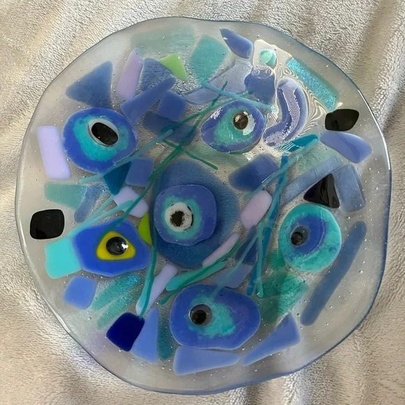 Island Memories Design Glass”Fused Art Glass Handmade 7”x3”Bowl Clear - Picture 7 of 10